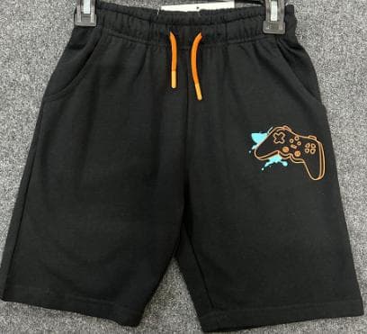 Black kids knit shorts with a gaming controller print and orange drawcord