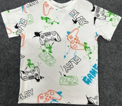 Kids white knit t-shirt with an all-over gaming controller print